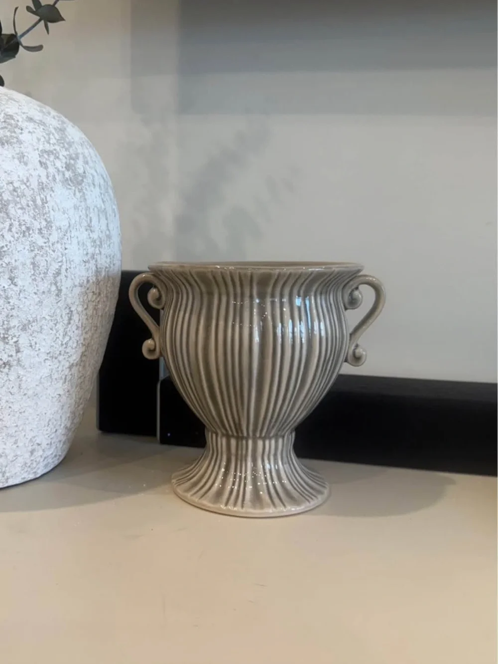 Neutral Ceramic Ribbed Urn-Style Accent Vase